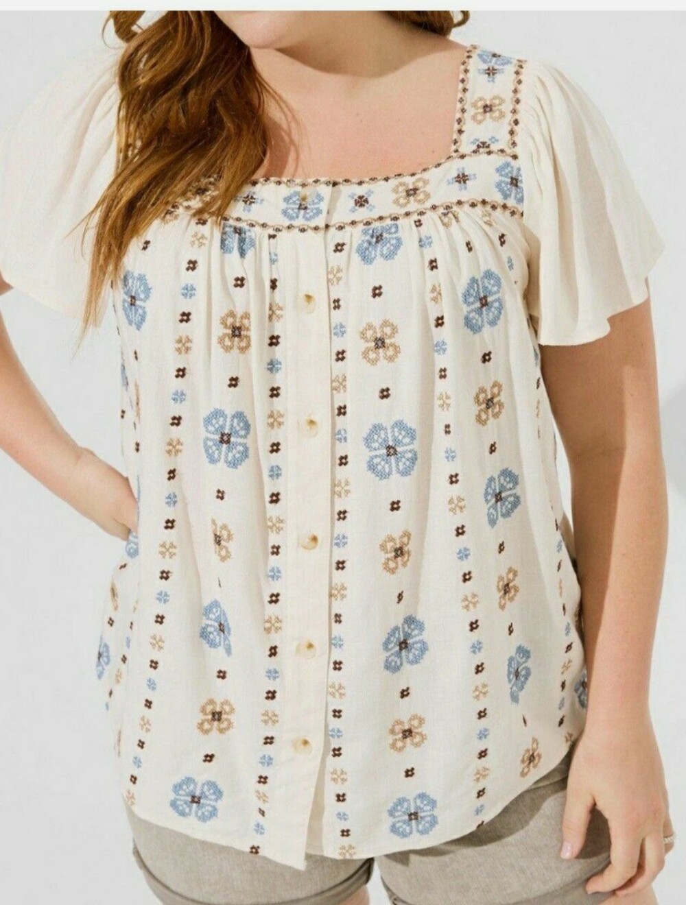 Torrid Cream Floral Embroidered Square-Neck Flutter Sleeve Top Size 1